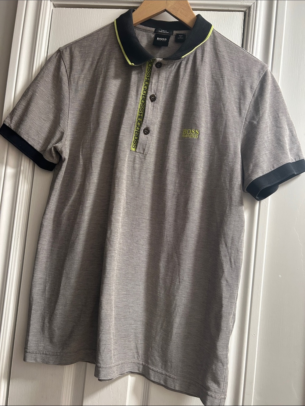 Hugo Boss Grey Polo with Black Collar and Neon Yellow Accents
